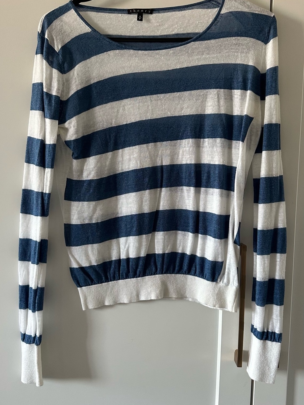 Theory Blue and White Striped Knit Top